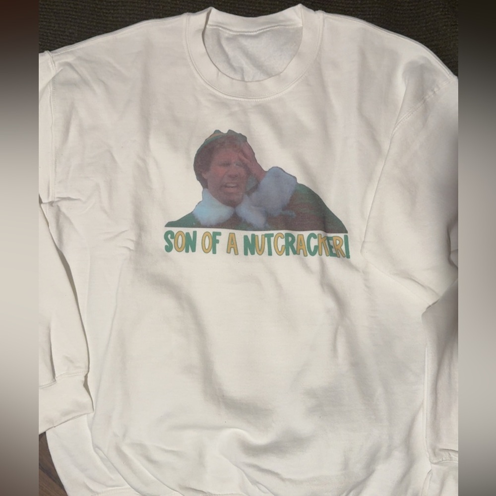 Gildan White Crew Neck Sweater with Graphic Print